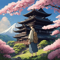 A Studio Ghibli-style image of a person standing in a lush forest, with an ancient Japanese temple in the background and blooming sakura trees all around