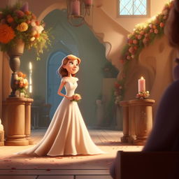 Continue the whimsical animated sequence with the anthropomorphic dog attending a wedding. Illustrate a moment when his gaze falls upon a beautiful woman. Her beauty should radiate in the setting, capturing his utter enchantment.