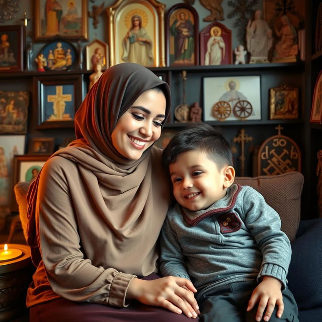 A young Muslim woman wearing traditional attire, including a hijab, seated in a cozy room filled with various religious icons and symbols from different faiths