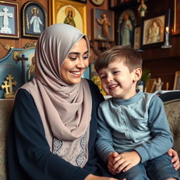 A young Muslim woman wearing traditional attire, including a hijab, seated in a cozy room filled with various religious icons and symbols from different faiths
