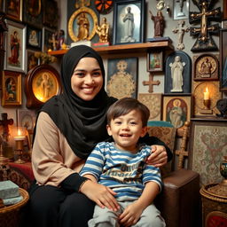 A young Muslim woman wearing traditional attire, including a hijab, seated in a cozy room filled with various religious icons and symbols from different faiths