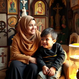 A young Muslim woman wearing traditional attire, including a hijab, seated in a cozy room filled with various religious icons and symbols from different faiths