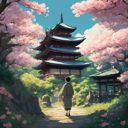 A Studio Ghibli-style image of a person standing in a lush forest, with an ancient Japanese temple in the background and blooming sakura trees all around