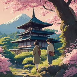 A Studio Ghibli-style image of a person standing in a lush forest, with an ancient Japanese temple in the background and blooming sakura trees all around