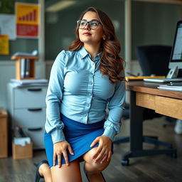 A full-body photograph of a 23-year-old Italian secretary in an office setting, showcasing her 34D bust, large hips, and overall voluptuous figure