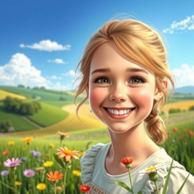 A vibrant countryside scene featuring Sophia, a young woman with a radiant and innocent face