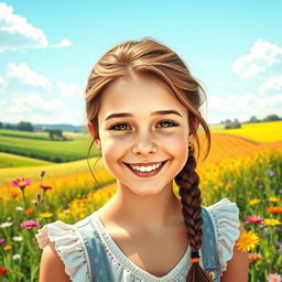 A vibrant countryside scene featuring Sophia, a young woman with a radiant and innocent face
