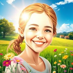 A vibrant countryside scene featuring Sophia, a young woman with a radiant and innocent face