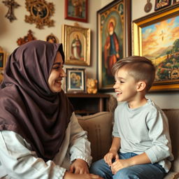 A young Muslim woman, wearing a hijab, is sitting in a cozy room with a six-year-old American boy