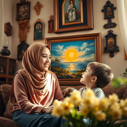 A young Muslim woman, wearing a hijab, is sitting in a cozy room with a six-year-old American boy