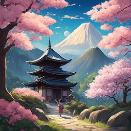 A Studio Ghibli-style image of a picturesque landscape featuring a person, an ancient Japanese temple, and a magical forest filled with blooming sakura trees