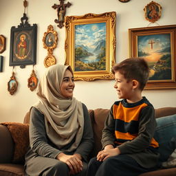 A young Muslim woman, wearing a hijab, is sitting in a cozy room with a six-year-old American boy
