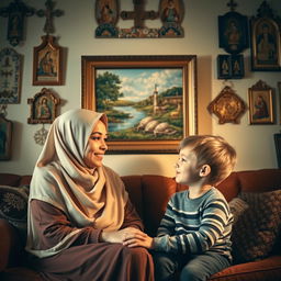 A young Muslim woman, wearing a hijab, is sitting in a cozy room with a six-year-old American boy