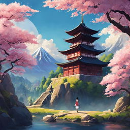 A Studio Ghibli-style image of a picturesque landscape featuring a person, an ancient Japanese temple, and a magical forest filled with blooming sakura trees