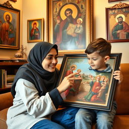 A young Muslim woman and a six-year-old American boy sitting together in a cozy room, surrounded by beautiful religious icons hanging on the walls