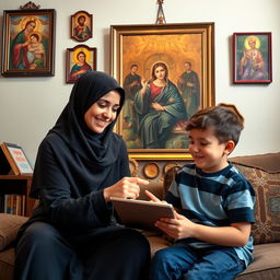 A young Muslim woman and a six-year-old American boy sitting together in a cozy room, surrounded by beautiful religious icons hanging on the walls