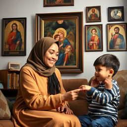 A young Muslim woman and a six-year-old American boy sitting together in a cozy room, surrounded by beautiful religious icons hanging on the walls