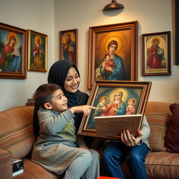 A young Muslim woman and a six-year-old American boy sitting together in a cozy room, surrounded by beautiful religious icons hanging on the walls