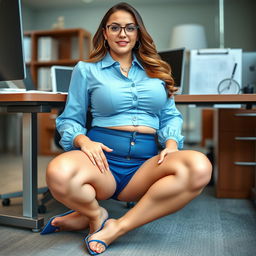 A 23-year-old Italian secretary with large 34D breasts and a buxom figure, sitting on her knees next to a modern office desk