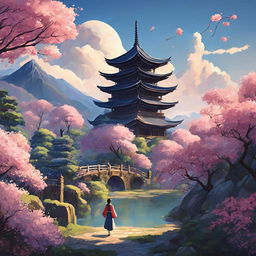 A Studio Ghibli-style image of a picturesque landscape featuring a person, an ancient Japanese temple, and a magical forest filled with blooming sakura trees