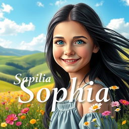 A picturesque countryside scene featuring Sophia, a 14-year-old girl with a lively and innocent expression