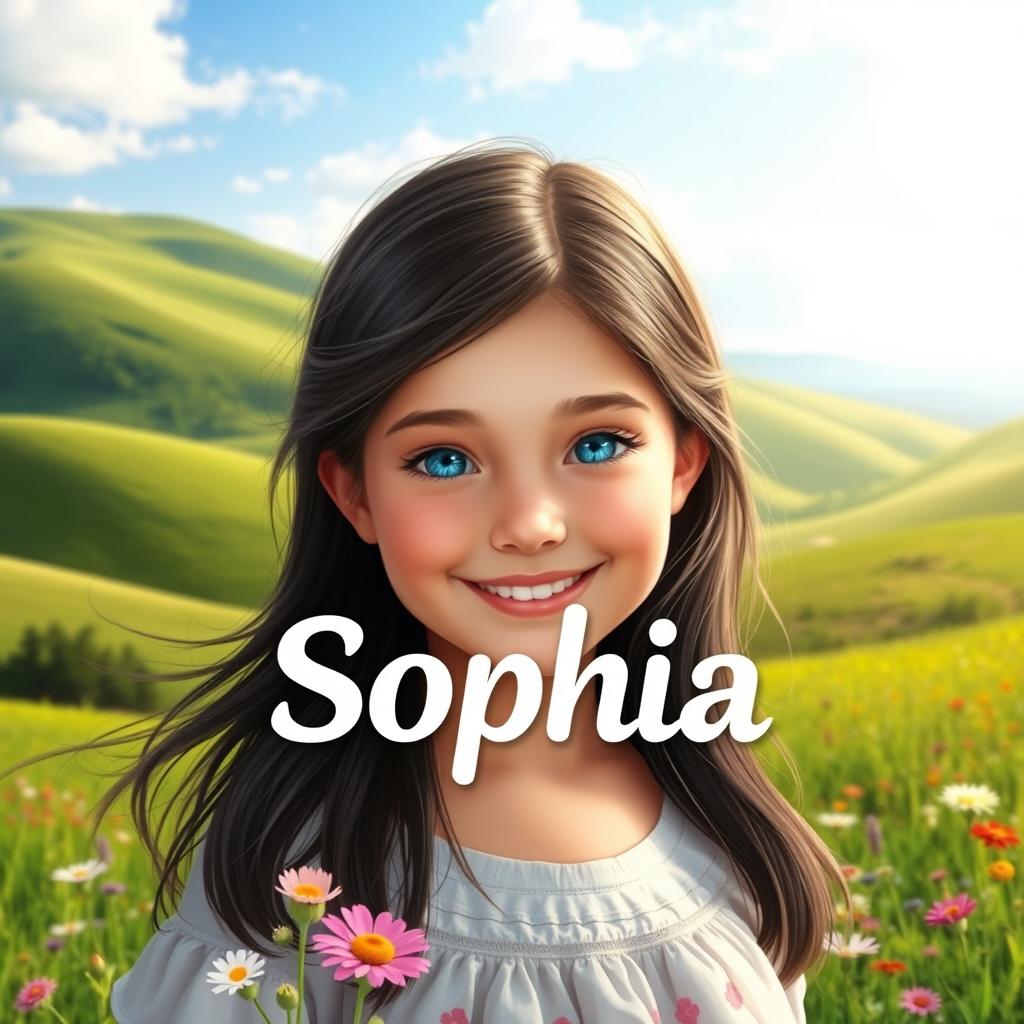 A picturesque countryside scene featuring Sophia, a 14-year-old girl with a lively and innocent expression