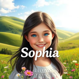 A picturesque countryside scene featuring Sophia, a 14-year-old girl with a lively and innocent expression