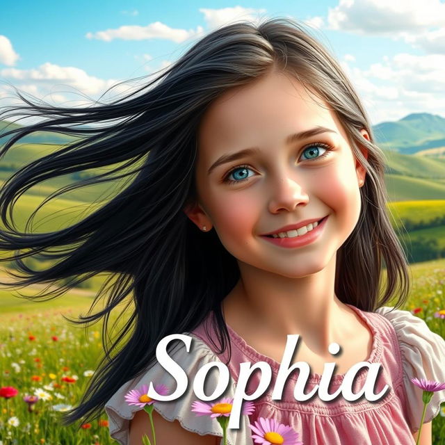 A picturesque countryside scene featuring Sophia, a 14-year-old girl with a lively and innocent expression