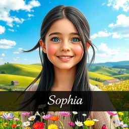 A picturesque countryside scene featuring Sophia, a 14-year-old girl with a lively and innocent expression