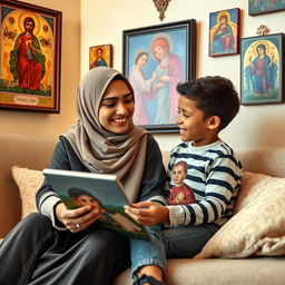 A young Muslim woman and a small six-year-old American boy sitting in a cozy room, surrounded by beautiful, colorful icons hanging on the walls