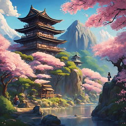 A Studio Ghibli-style image of a picturesque landscape featuring a person, an ancient Japanese temple, and a magical forest filled with blooming sakura trees