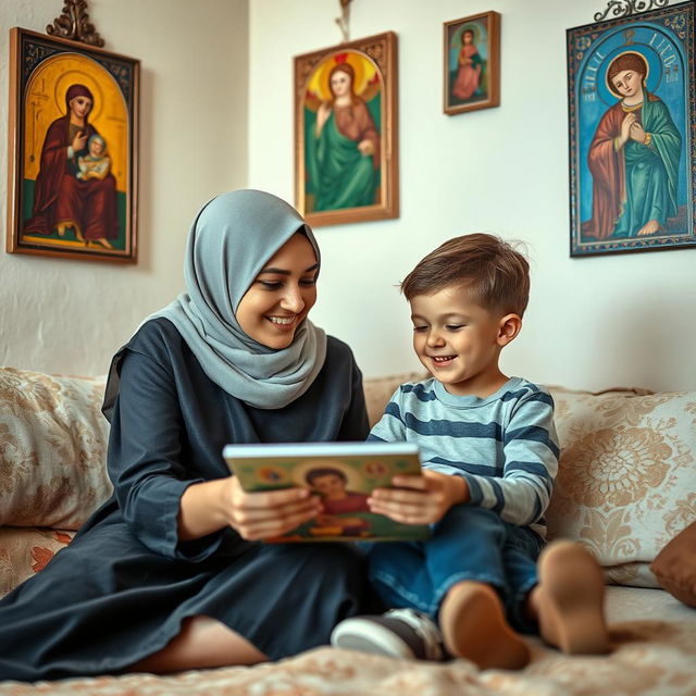 A young Muslim woman and a small six-year-old American boy sitting in a cozy room, surrounded by beautiful, colorful icons hanging on the walls