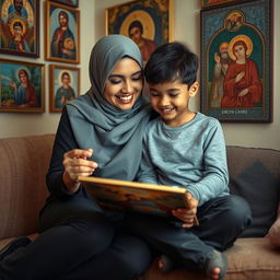 A young Muslim woman and a small six-year-old American boy sitting in a cozy room, surrounded by beautiful, colorful icons hanging on the walls