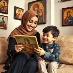 A young Muslim woman and a small six-year-old American boy sitting in a cozy room, surrounded by beautiful, colorful icons hanging on the walls