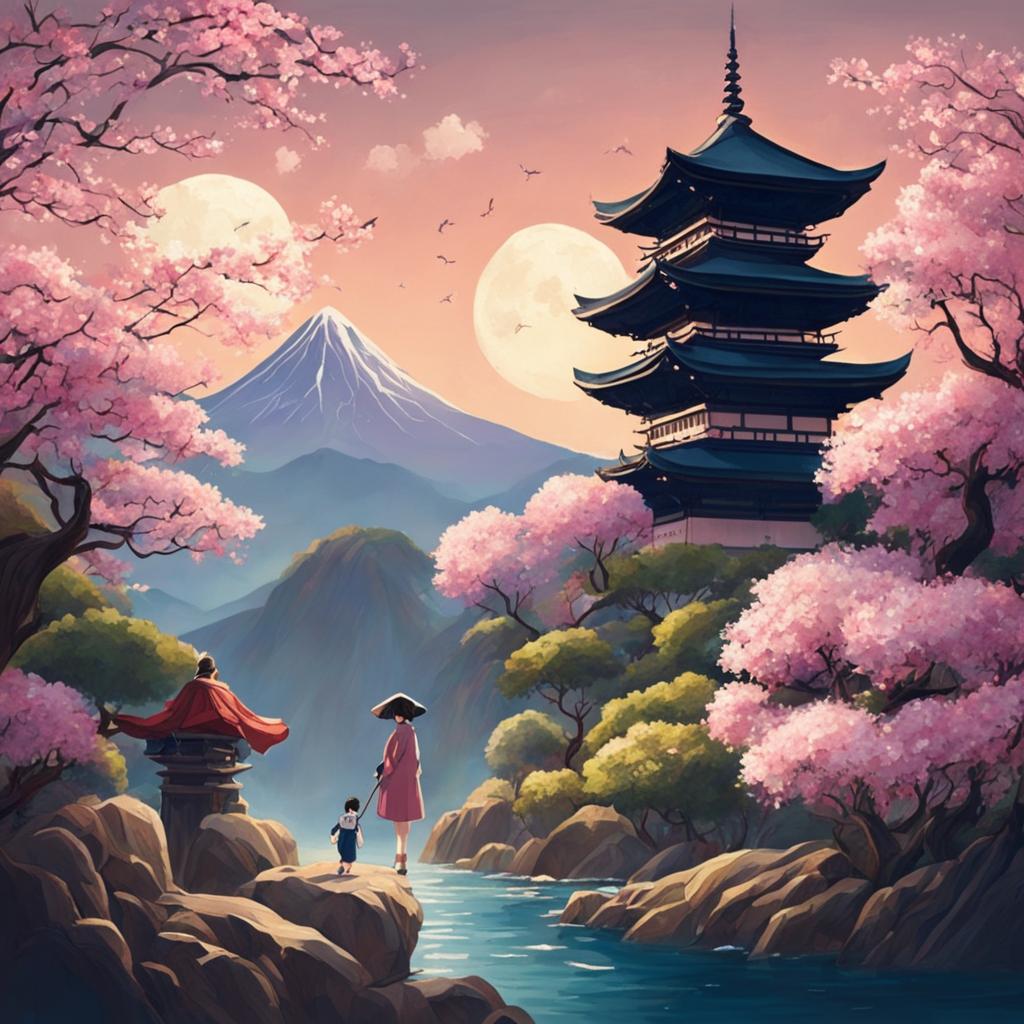 A Studio Ghibli-style image of a person in a magical, intricate landscape with an ancient Japanese temple and blooming sakura trees