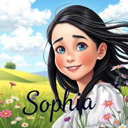 A charming countryside scene featuring Sophia, a 14-year-old girl with a lively and innocent face
