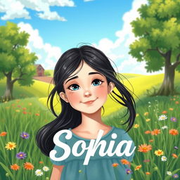 A charming countryside scene featuring Sophia, a 14-year-old girl with a lively and innocent face