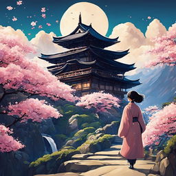 A Studio Ghibli-style image of a person in a magical, intricate landscape with an ancient Japanese temple and blooming sakura trees