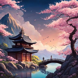 A Studio Ghibli-style image of a person in a magical, intricate landscape with an ancient Japanese temple and blooming sakura trees