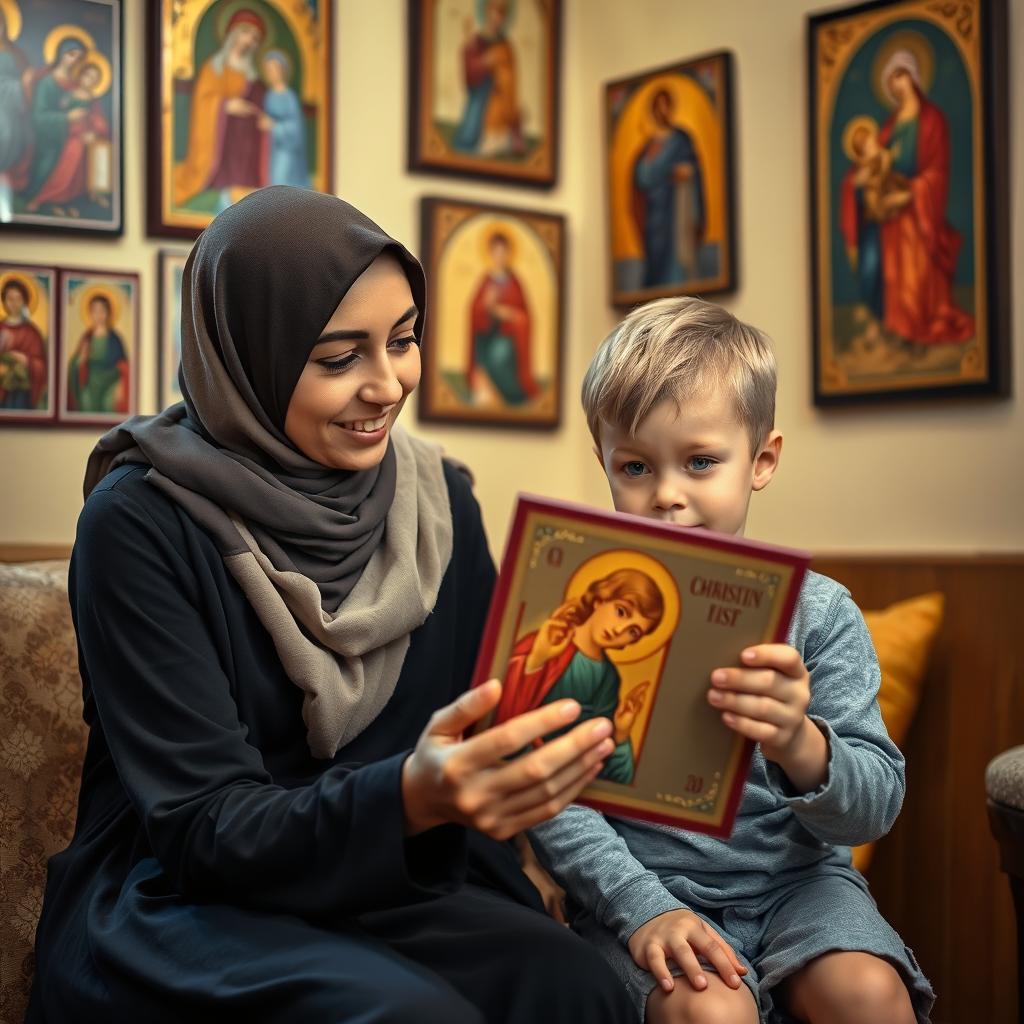 A young, beautiful Muslim woman with a stylish hijab is sitting with a small six-year-old boy who has bright blue eyes in a cozy room