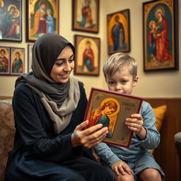 A young, beautiful Muslim woman with a stylish hijab is sitting with a small six-year-old boy who has bright blue eyes in a cozy room