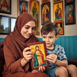 A young, beautiful Muslim woman with a stylish hijab is sitting with a small six-year-old boy who has bright blue eyes in a cozy room