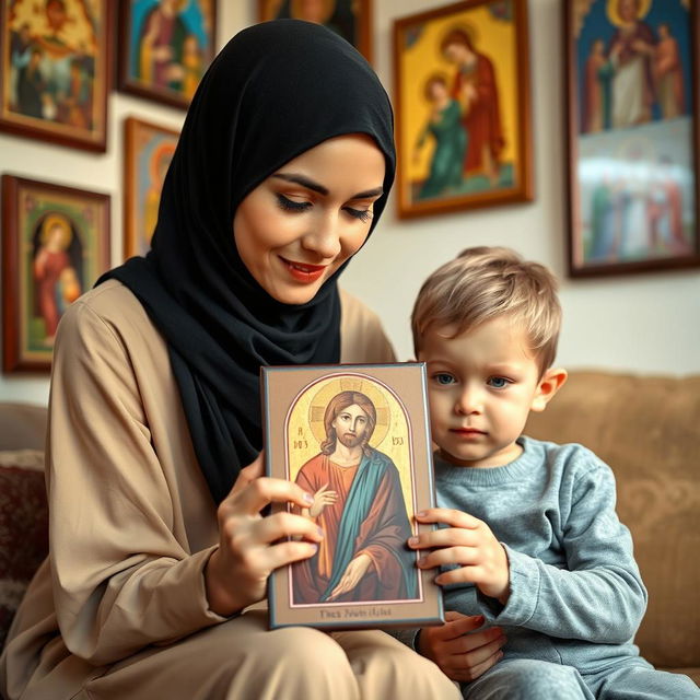 A young, beautiful Muslim woman with a stylish hijab is sitting with a small six-year-old boy who has bright blue eyes in a cozy room