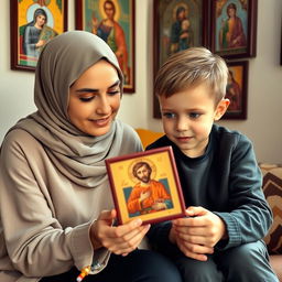 A young, beautiful Muslim woman with a stylish hijab is sitting with a small six-year-old boy who has bright blue eyes in a cozy room