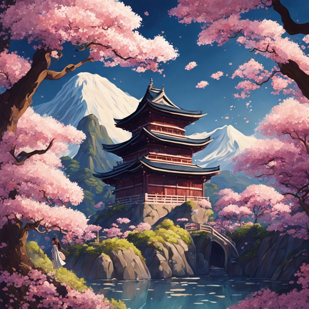 A Studio Ghibli-style image of a person in a magical, intricate landscape with an ancient Japanese temple and blooming sakura trees