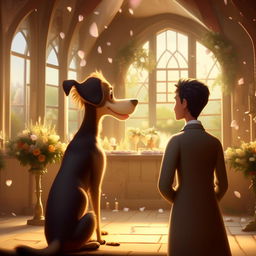 Continue the whimsical animated sequence with the anthropomorphic dog attending a wedding. Illustrate a moment when his gaze falls upon a beautiful woman. Her beauty should radiate in the setting, capturing his utter enchantment.