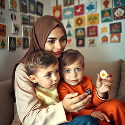 A young, beautiful Muslim woman with elegant features, wearing a stylish hijab, sits with a small six-year-old boy who has bright blue eyes
