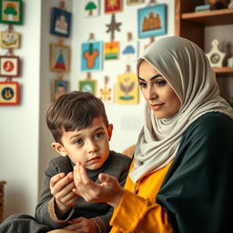 A young, beautiful Muslim woman with elegant features, wearing a stylish hijab, sits with a small six-year-old boy who has bright blue eyes