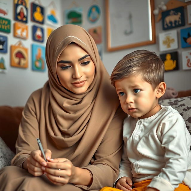 A young, beautiful Muslim woman with elegant features, wearing a stylish hijab, sits with a small six-year-old boy who has bright blue eyes