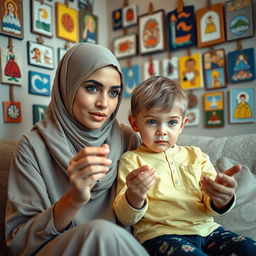 A young, beautiful Muslim woman with elegant features, wearing a stylish hijab, sits with a small six-year-old boy who has bright blue eyes